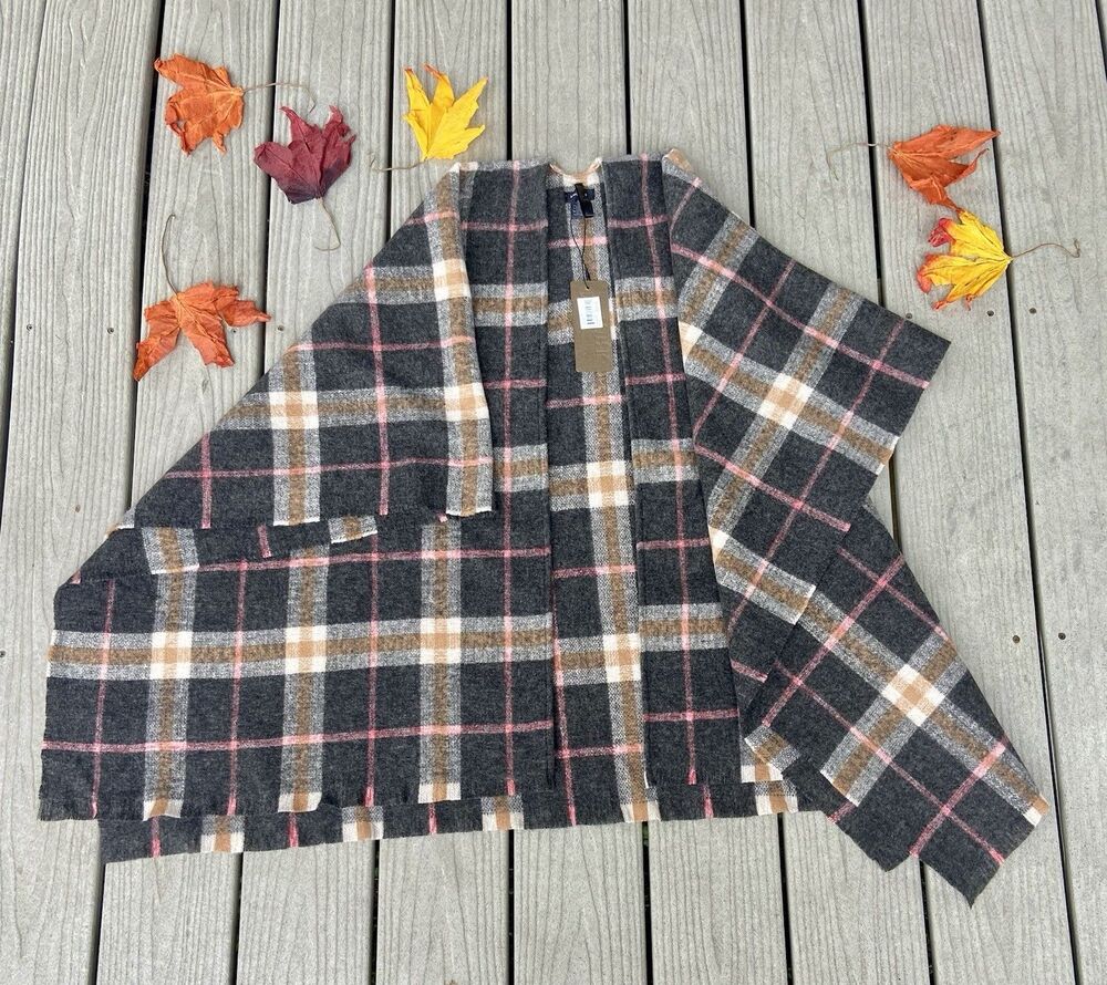 Modena Plaid Blanket Poncho One Size Gray Pink Orange Frayed NWT